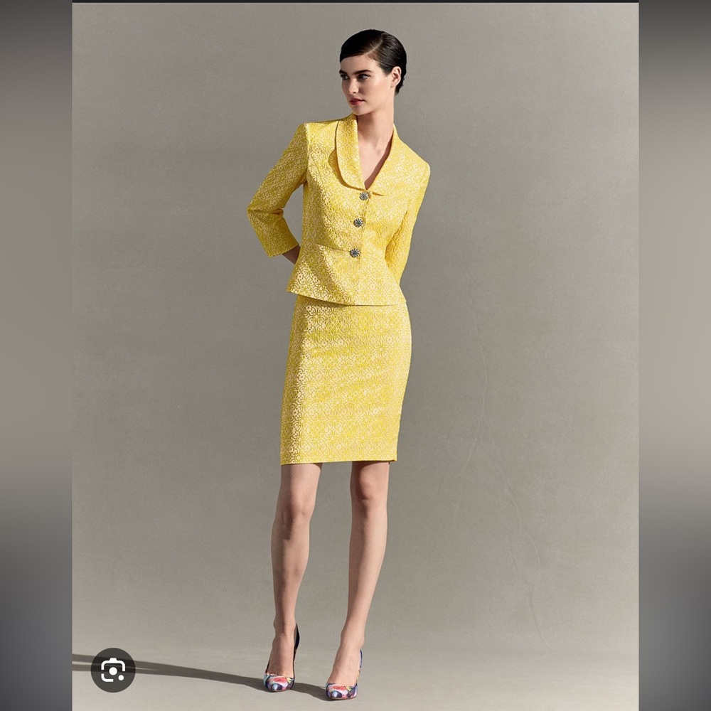 Albert Nipon Floral Jacquard Jacket w/ Pencil Skirt, Yellow/White - Picture 10 of 10